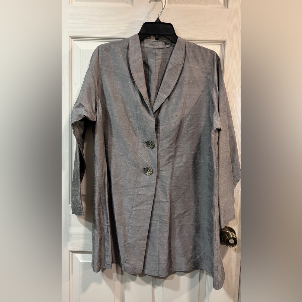 Robin Lane Gray Raw Silk Button-Front Long Jacket, size XXL 20/22
